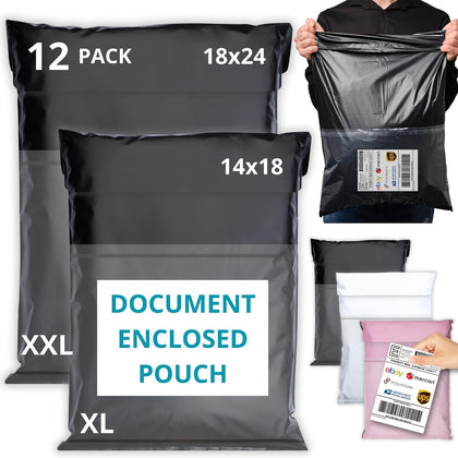 Shipping Bags (12 Pack) with Label Pouch - 14x18 & 18x24 - Poly Mailers for Clothes, Self-Seal Plastic Mailing