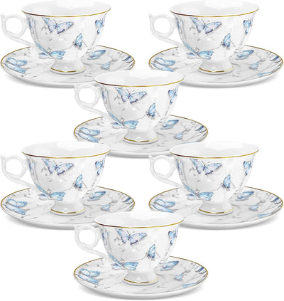 6oz British Blue Butterflies Porcelain Tea Cup and Saucer Set of 6