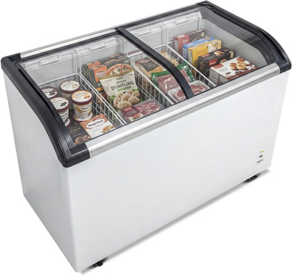 9.8 Cu.ft Commercial Ice Cream Display Freezer, Curved Glass Top Sliding Lid Chest Freezer with LED Lighting &