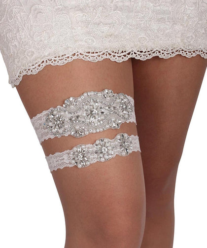 Blue Garters for Bride, Rhinestone Pearl Bridal Wedding Garter Belt Set