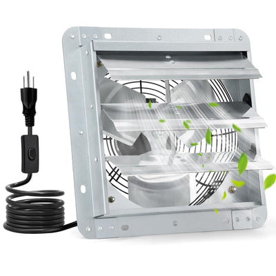 12 Inch Shutter Exhaust Fan for Garage, Greenhouse, Attic, Chicken Coop, Shop, Shed, Basement Ventilation, 970 CFM 1680RPM High Speed Wall Mounted Vent Fan with ON/OFF Switch 1.8M Power Cord Kit