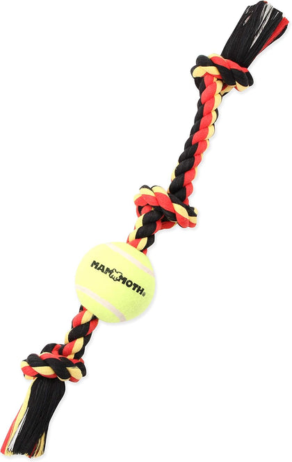 Mammoth Flossy Chews Color 3 Knot Tug w/Standard Tennis Ball – Premium Cotton-Poly Tug Toy for Dogs, Interactive Rope