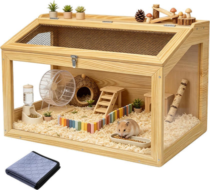 32" Large Wooden Hamster Cage, Acrylic Hamster Habitat, Mesh Top