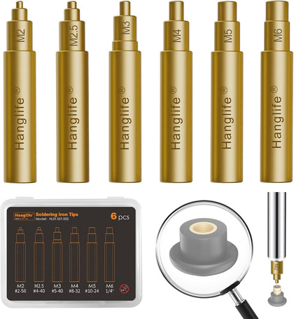 HANGLIFE Heat-Set Insert Tips for Threaded Inserts M2 M2.5 M3 M4 M5 M6, Soldering Iron Tips Compatible with Weller SP40NUS/Hakko FX-888D/900M/T18 Irons- Press Tool for Plastic 3D Printer Components