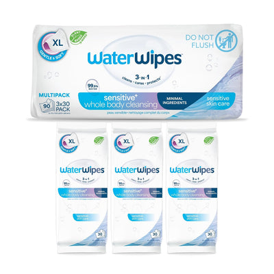 Sensitive Whole Body Cleansing Wipes, 99.9% Purified Water, XL Textured Wipes, Incontinence Care, Fragrance Free, 90
