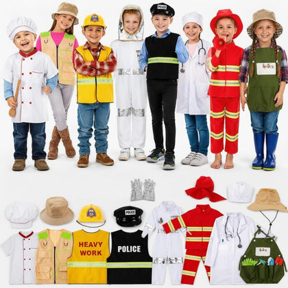 8 Sets Kids Role Play Dress up Clothes, Washable Astronaut Construction Policeman Fireman Doctor Chef Gardener