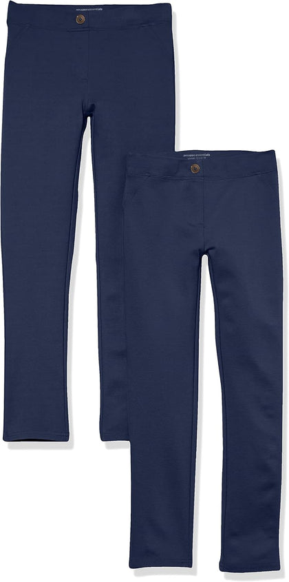 Girls and Toddlers' Uniform Slim Fit Ponte-Knit Pant with Elastic Waist, Pull On, Pack of 2