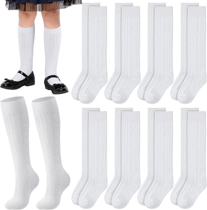 9 Pairs Girls Knee High School Uniform Socks | Cable Knit Seamless Cotton Breathable, Long Tube Dress Socks