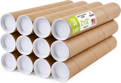 2" x 12" Made in USA Kraft Paper Mailing Tube, 12 Tubes, 24 Caps
