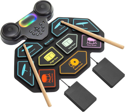 2025 Upgrade Electronic Drum Set 9-Pad Roll-Up – Portable Silicone Drum Kit with 2 Pedals, Built-in Speakers, MIDI &