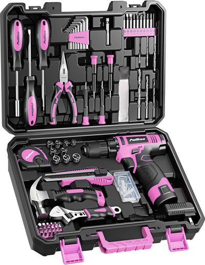 Drill Set, 149-Piece Home Tool Set with 12V Pink Cordless Drill, Tool Box, Hand Tool Kits for Women & Men and DIY