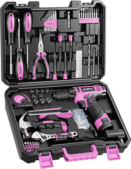 Drill Set, 149-Piece Home Tool Set with 12V Pink Cordless Drill, Tool Box, Hand Tool Kits for Women & Men and DIY