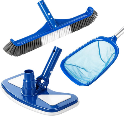 3 Pcs Pool Cleaning Kit Manual Pool Vacuum Head with Bottom Brushes, Large Brush and Skimmer Net Fine Mesh for Above