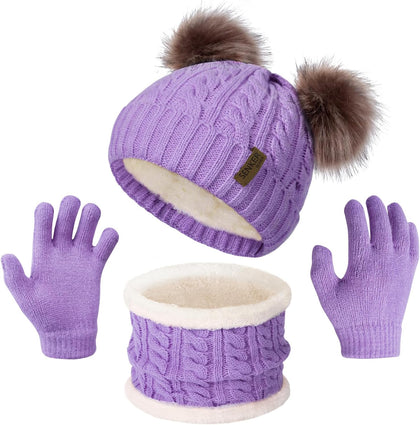 Kids Winter Hat Gloves Scarf Set, Beanie for Girls Boys | Toddler Beanies with Pom, Warm Fleece Lined, Soft Thick