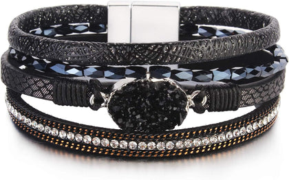Boho Leather Wrap Bracelet Stackable Chunky Crystal Cuff Bracelets Western Jewelry Summer Beach Outfits for Women
