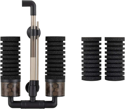 Aquarium Double Sponge Filter, Comes with 2 Spare Sponges, 1 Bag of Bio Ceramic Media Balls, Quiet Submersible Foam