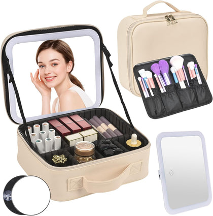 Travel Makeup Bag with Mirror & 8 Adjustable EVA Dividers, Beige | Portable makeup case, detachable mirror with 3