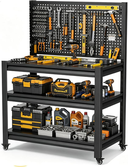 Garage Workbench with Pegboard, Tool Storage Rolling Work Table on Wheels | Portable workbench with lockable wheel