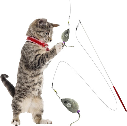 Kats’N US 2 Inch Real Rabbit Fur Handmade Mouse Cat Toy with 19 Inch White Wand - Gray Teaser with Bell, Durable