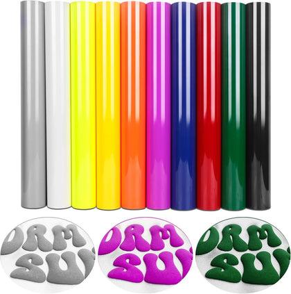 3D Puff HTV Heat Transfer Vinyl 12" x 10" 10 Sheet Pack - Assorted Colors, Iron-On for T-Shirts, DIY Crafts