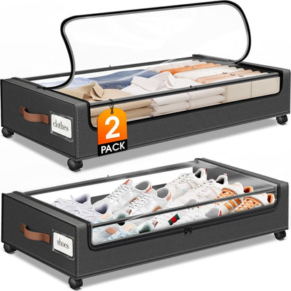 Under Bed Storage with Wheels 2Pack Storage Containers with Clear Window&Label Under Bed Drawers Rolling Under Bed
