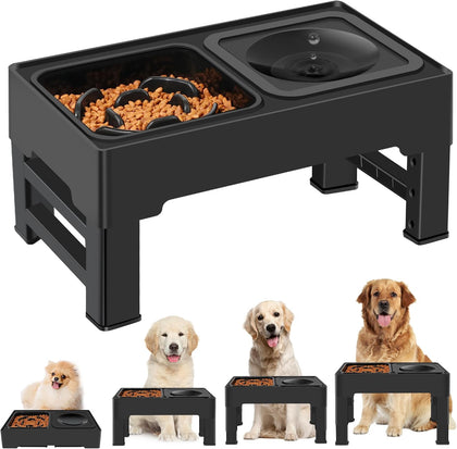 2-in-1 Elevated Slow Feeder Dog Bowls, 4 Height Adjustable Raised Dog Bowls Stand with No Spill Water Bowl, Non-Skid