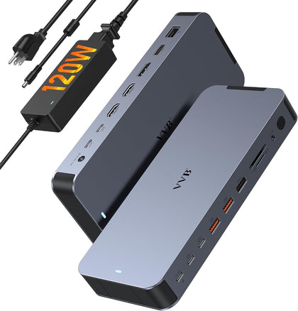 Laptop Docking Station USB C Dock Multiport Hub with 120W Power Adapter | 2 HDMI,DP 8K,Fast USB C Power Supply&Phone
