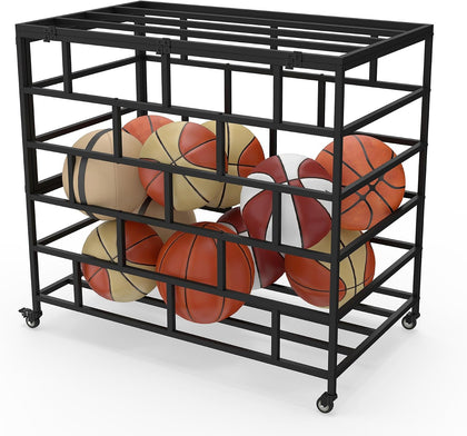 Ball Storage Cart, Lockable Rolling Basketball Storage Bin | Ball Organizer with Wheels, Secure Sports Exercise Ball