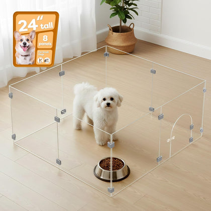 Clear Acrylic Pet Playpen with Door, 8 Panels 23.6 Inches High, Indoor Pet Fence & Crate for Puppies Small Dogs and