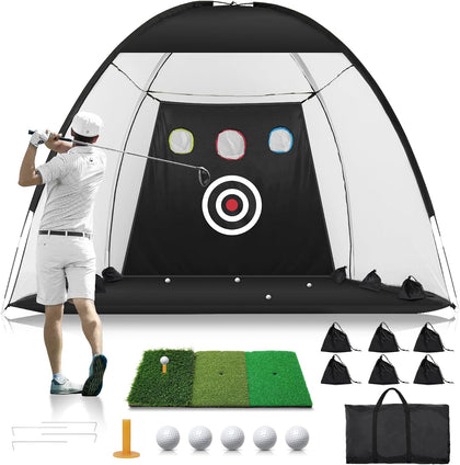 Golf Net: 10x7FT Golf Practice Net for Backyard Driving, Hitting Net with Tri-Turf Mat, Indoor Training Chipping Aid
