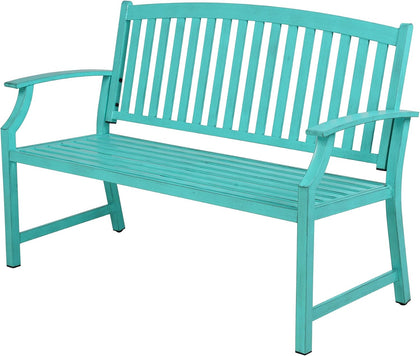 52" Farmhouse Outdoor Bench with Armrest, Turquoise Blue | Anti-rust Aluminum Frame, Faux Wood Grain Finish