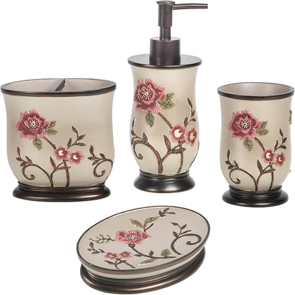 4pc Larrisa Floral Bathroom Accessories Sets Modern Classic Flower Soap Dispenser, Tumbler, Tooth Brush Holder and
