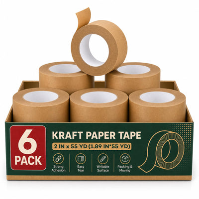 6 Pack Heavy Duty Paper Packing Tape,2 Inch Wide (1.89 in x 55 Yds),Eco Friendly & Biodegradable, Writable & Uncoated