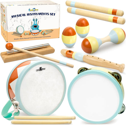 Toddler Musical Instruments - Montessori Wooden Musical Toys for Toddlers 1-3 | Modern Boho Baby Drum Set with