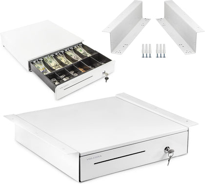 Cash Register Drawer with Under Counter Mounting Bracket - 16" White Drawer for POS, 5 Bill 6 Coin Cash Tray