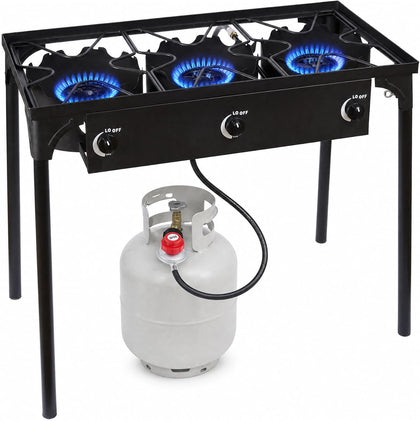 3 Burner Propane Stove, 225,000 BTU Outdoor Cooker | 75,000 BTU per burner, CSA regulator and hose included, manual