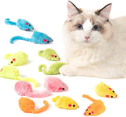 12PCS Rattle Cat Mouse Toys also Prefilled Catnip, 2.36” Mice Body Size, Faux Fur Cat Mice Toys with Plastic Body
