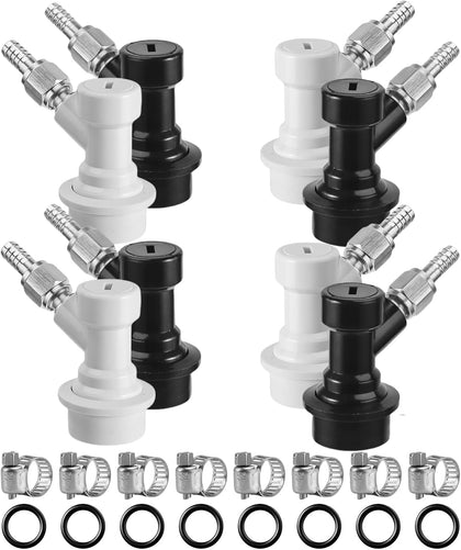 Ball Lock Keg Connectors – 4 Pairs Corny Keg Quick Disconnect Set | No Leakage, 1/4" Beer & 5/16" Gas Barb, 8x Spare