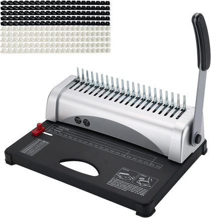 Comb Binding Machine, 21-Holes, 450 Sheets, Paper Punch Binder with Starter Kit 100 PCS PVC Comb Bindings Perfect for