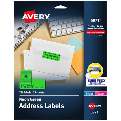Printable Address Labels with Sure Feed, 1" x 2-5/8", Neon Green, Laser & Inkjet Compatible, 750 Blank Labels per