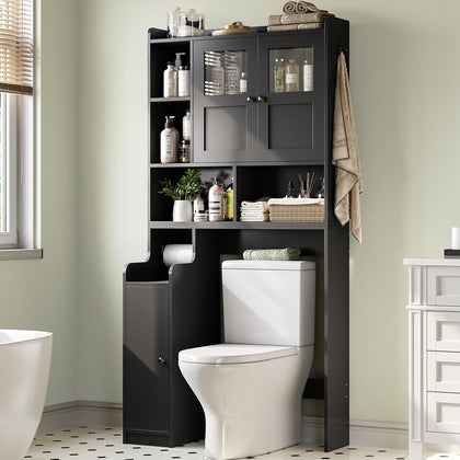 Over The Toilet Storage Cabinet, Over Toilet Bathroom Organizer with Glass Doors & Toilet Paper Holder Stand, Home