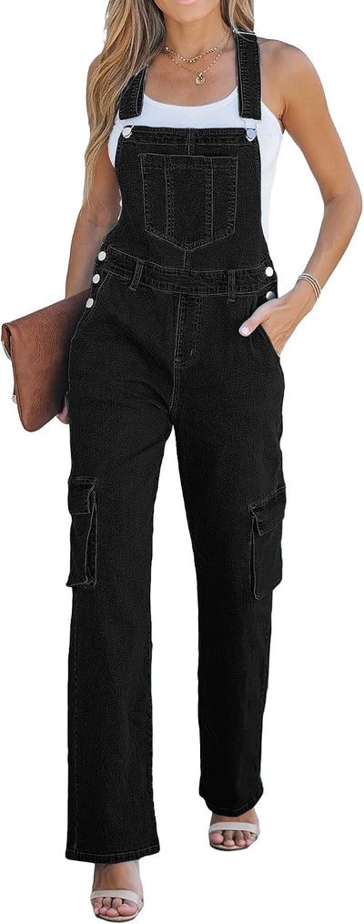 Cargo Jean Overalls for Women Wide Leg Bib Utility Stretchy Denim Jumpsuit Overall Loose 90s Trendy