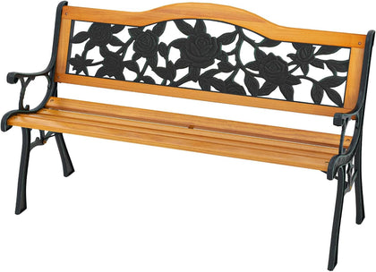 Outdoor Bench with Slatted Seat, Curved Armrests, Flower Pattern Backrest, 470 Lbs Capacity, Cast Iron Metal Patio