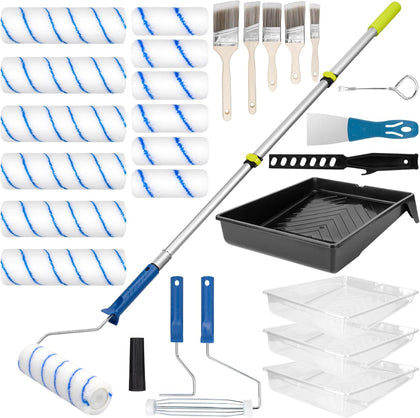 Paint Roller Kit with Extension Pole, 4" 9" Paint Roller with Tray, Paint Brushes Set for Professional Painting