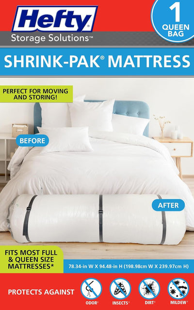 Hefty Shrink-Pak Mattress Bags for Moving – Full/Queen Size | Heavy Duty & Water Resistant Vacuum Compression
