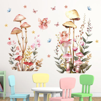 Fairy Mushroom Wall Decals for Nursery, Watercolor Floral Wall Stickers | with Butterflies and Flowers, Peel and