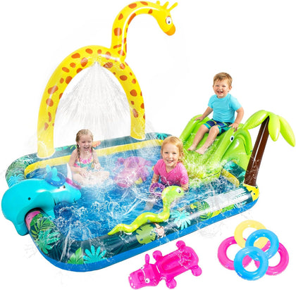 Inflatable Jungle Animal Play Center, Inflatable Water Park Kiddie Pool with Slide, Water Sprayer for Summer Outdoor