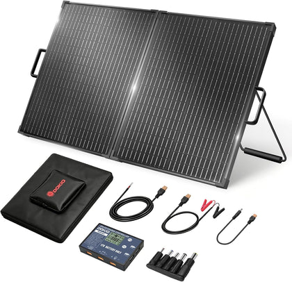 100W Portable Solar Panel Suitcase with Charge Controller, Gray | Suitcase folds to 24 x 20 in and weighs 10.1 lb;