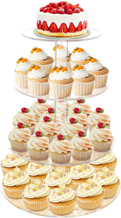 Cupcake Stand, 4 Tier Cupcake Stand for 50 Cupcakes, Round Tiered Cupcake Tower, Clear Acrylic Cupcake Holder