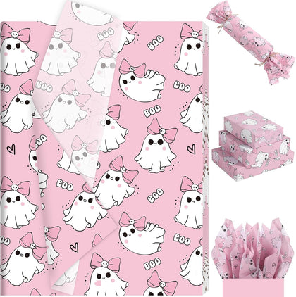 100 Sheets Pink Ghost Boo Tissue Paper, Cute Girly Ghost & Boo Pattern Wrapping Paper for Girly Halloween Baby Shower